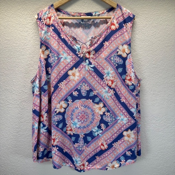 J Jill Plus Top Women's 3X Floral Scarf Print Tank Boho Beach Summer Casual - Picture 10 of 14